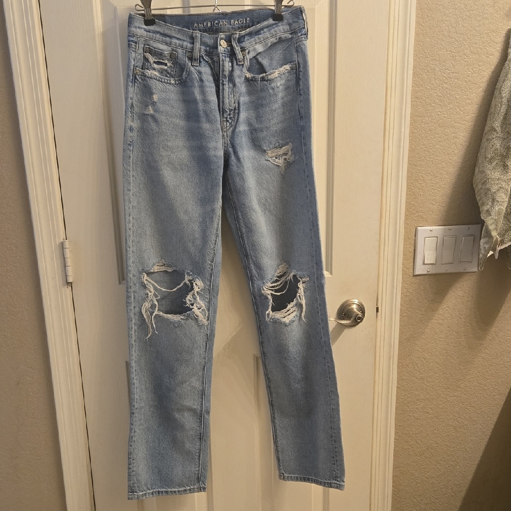 American Eagle Low-Rise Baggy Straight Ripped Light Blue Jeans Sz 0R